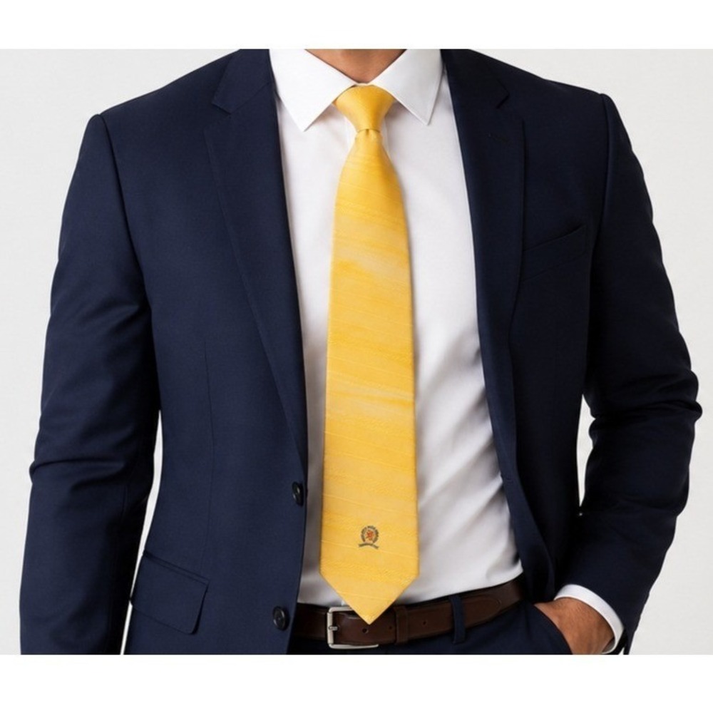 Tommy Hilfiger Vintage Tie Hand Made 100% Silk USA Yellow Stripe Crest Office
